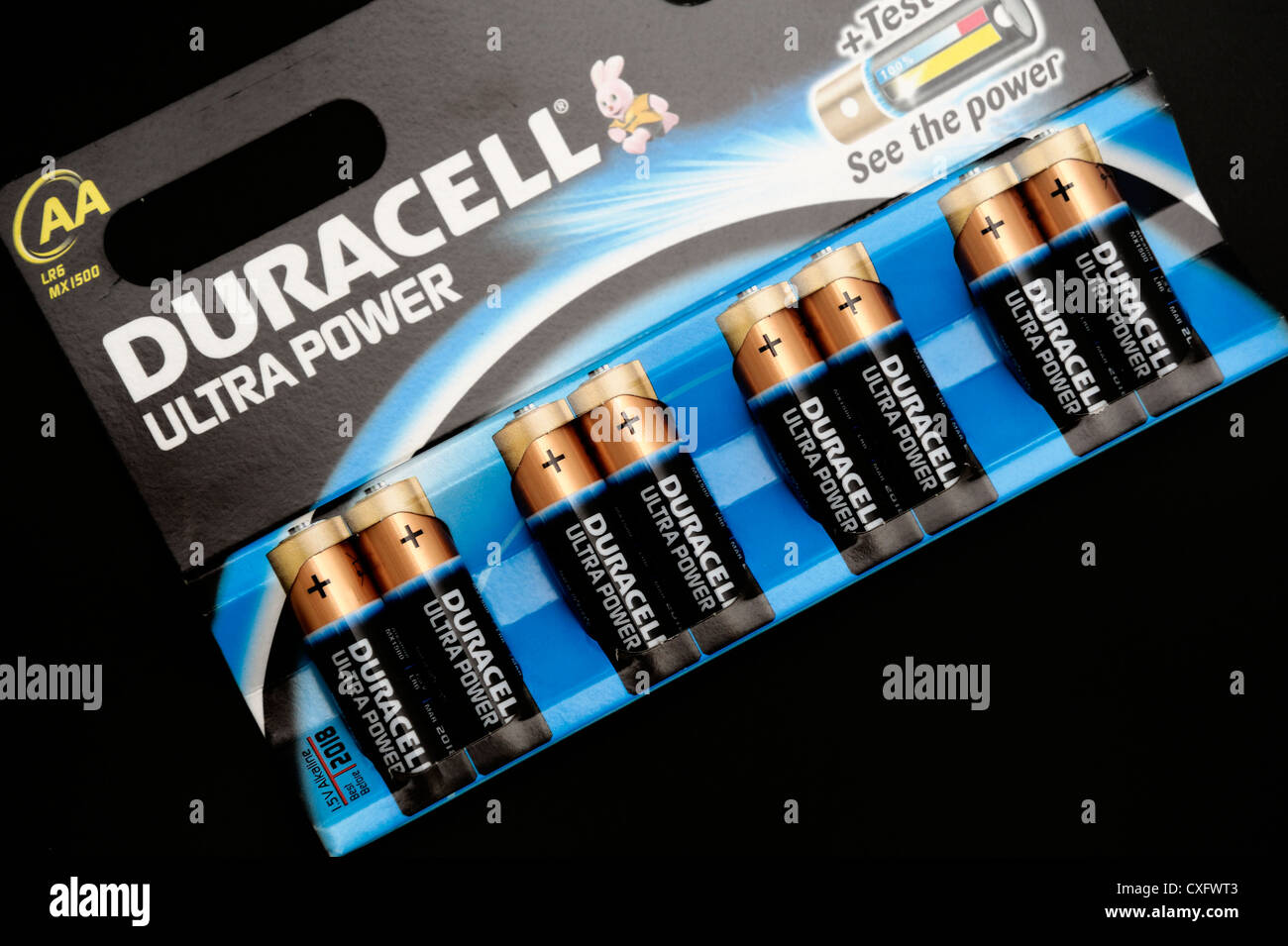 An 8 pack of duracell ultra power AA batteries on a black background Stock  Photo - Alamy