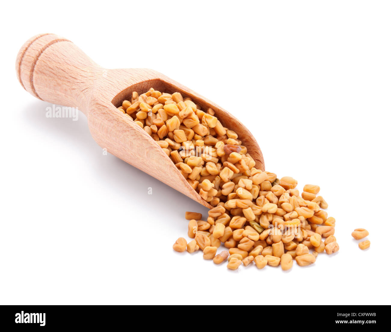 wooden scoop with fenugreek isolated on white background Stock Photo