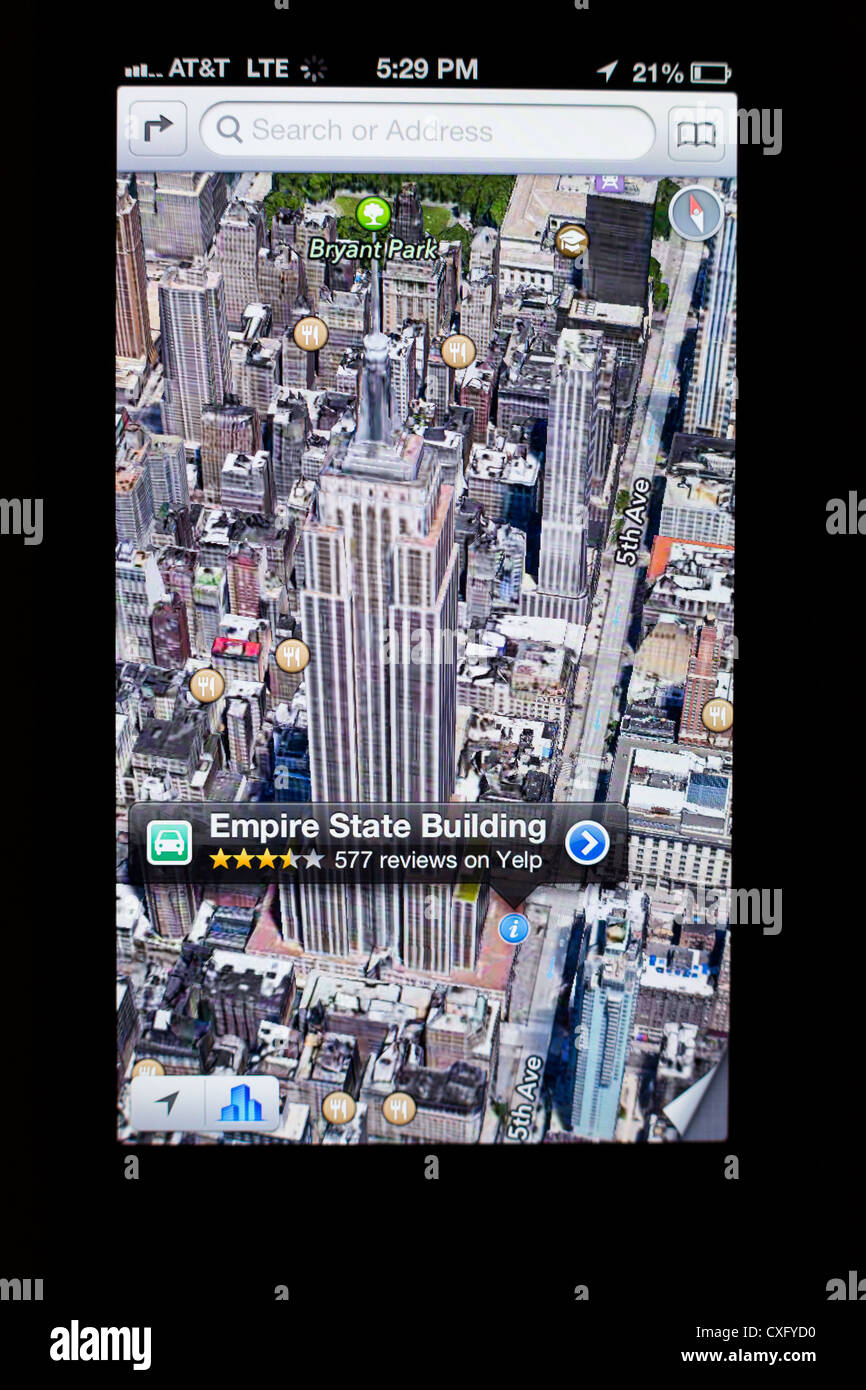 3D satellite view of the Empire State Building shown in a new Maps app on the screen of a iPhone 5/iOS 6 - Yelp reviews, detail Stock Photo