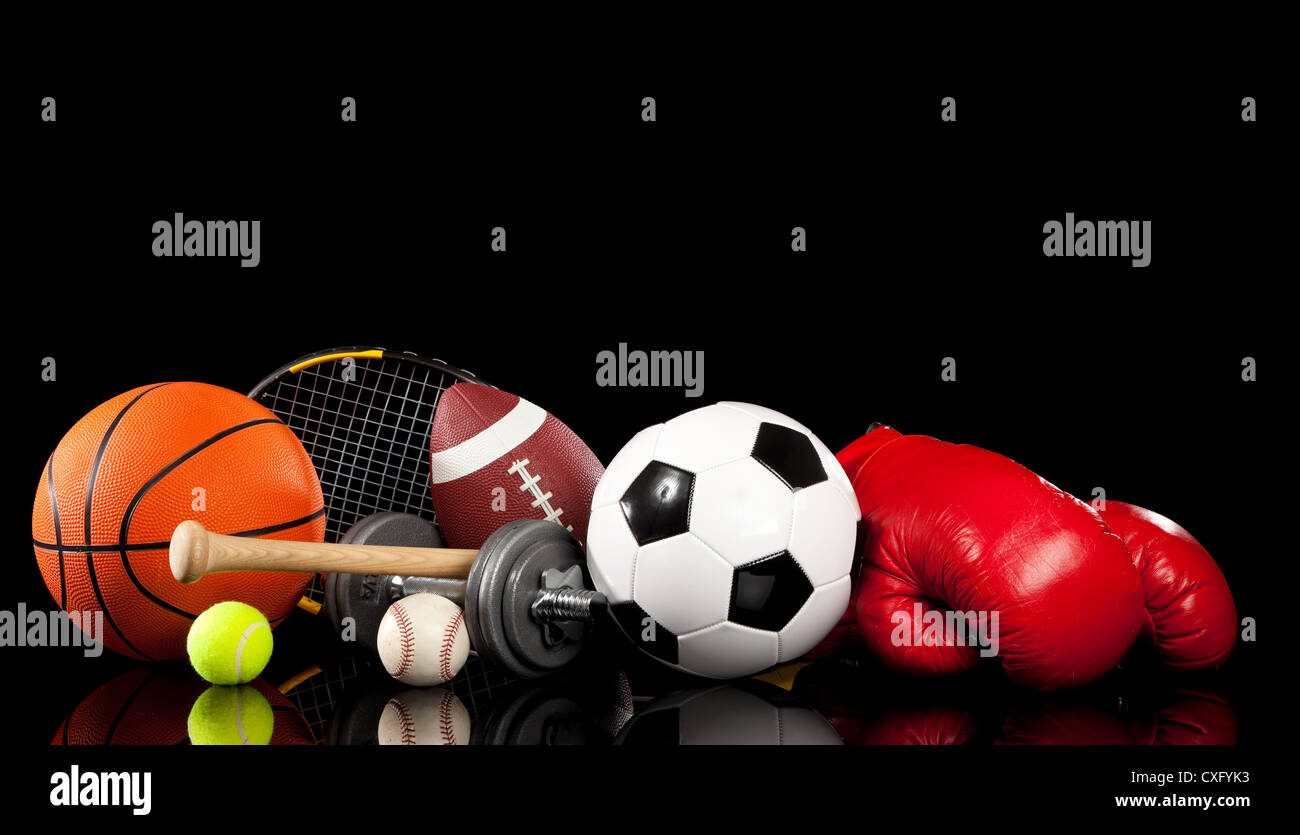 Sports equipment on a black background Stock Photo