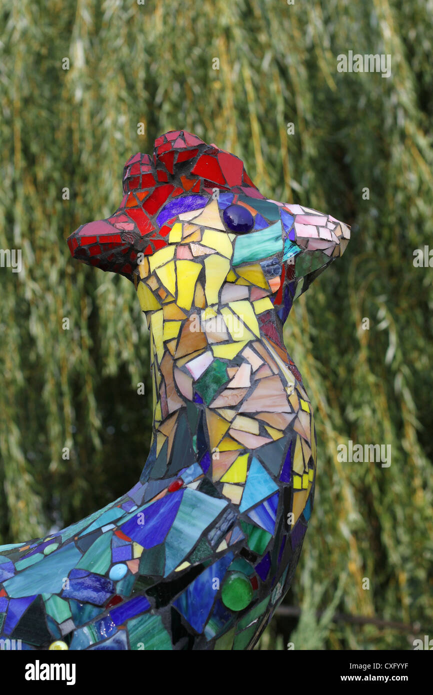 A mosaic chicken sculpture at Big Stone Mini Golf and Sculpture Garden