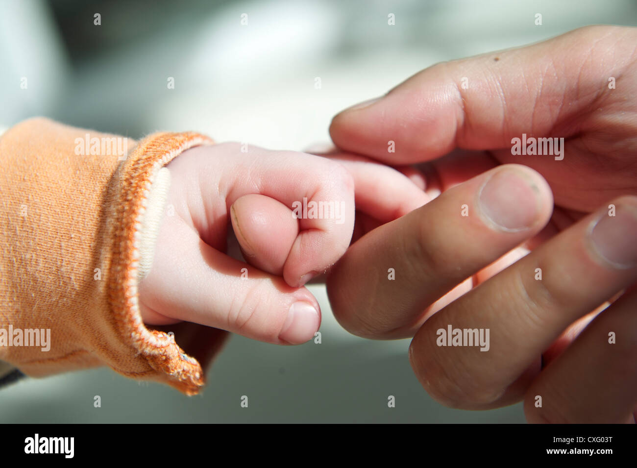 A chinese albinism blind baby grasping a volunteer's finger. Stock Photo