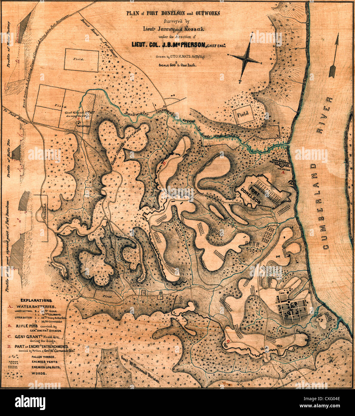 Plan of Fort Donelson and its outworks, Tennessee, USA Civil War, February, 1862 Stock Photo