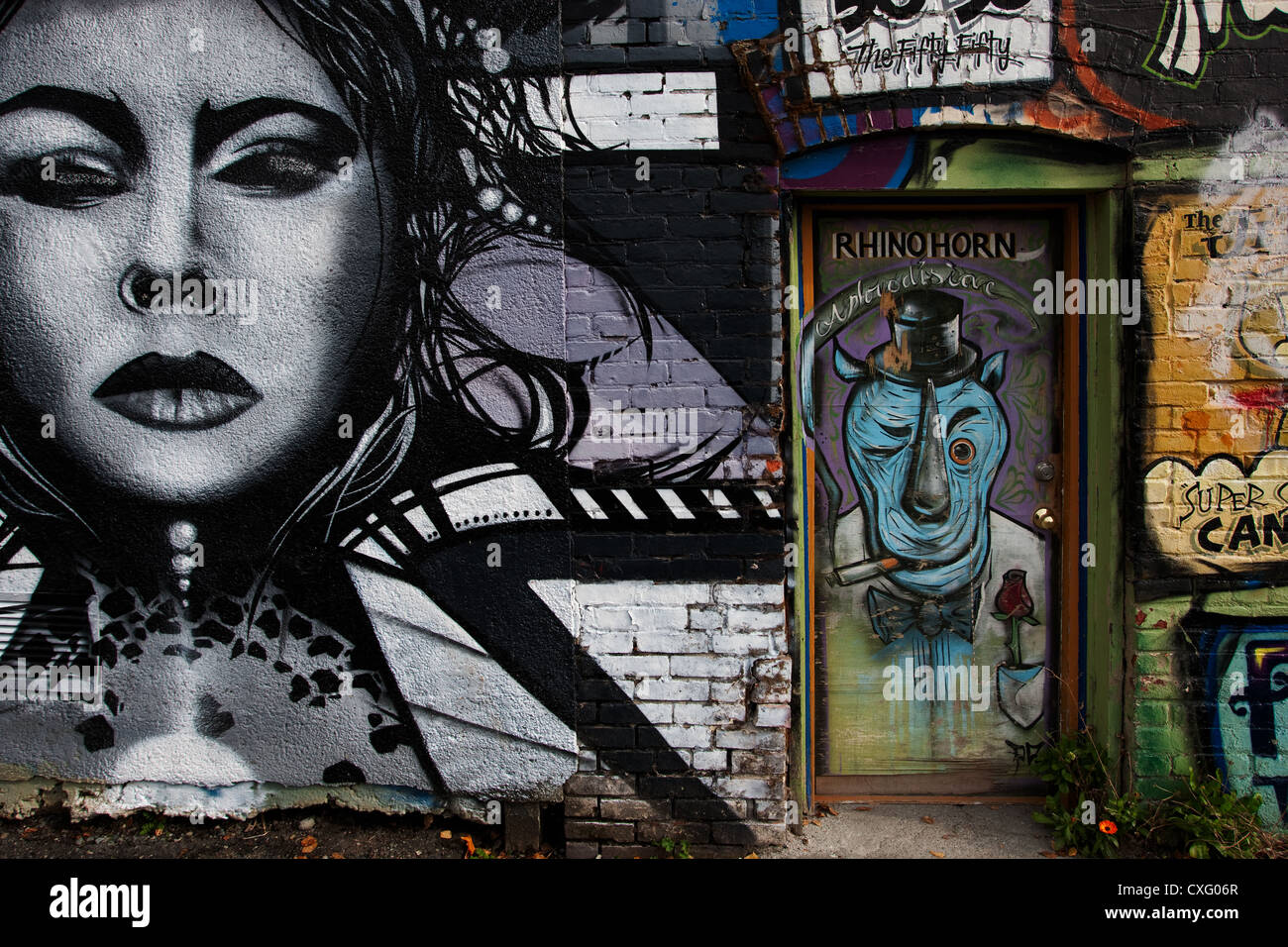 Graffiti painting of a women on an old brick building, Victoria