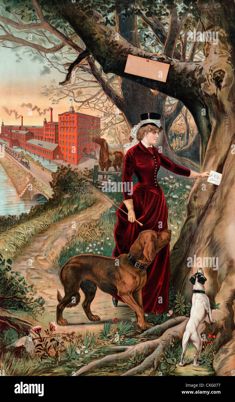 Broadhead Worsted Mills - Poster for woolens or tailors, showing a woman in riding clothes placing a letter in the hollow of a tree; a sign nailed to the tree is blank for later printing, and in the distance is the Broadhead Worsted Mills, Jamestown, New York. 1886 Stock Photo