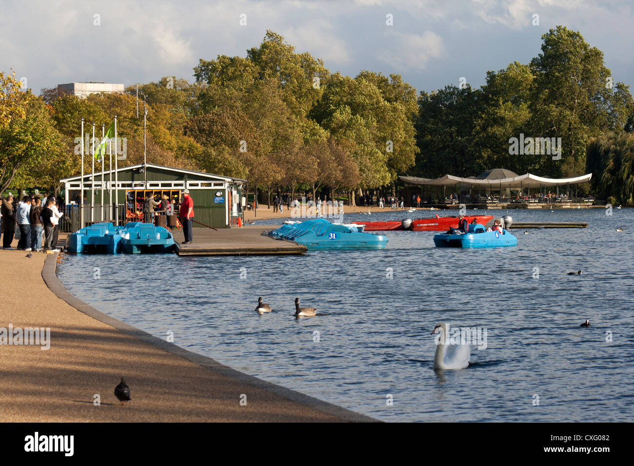 Dusk at the pedal boats on the Serpentine in Hyde Park, London Stock