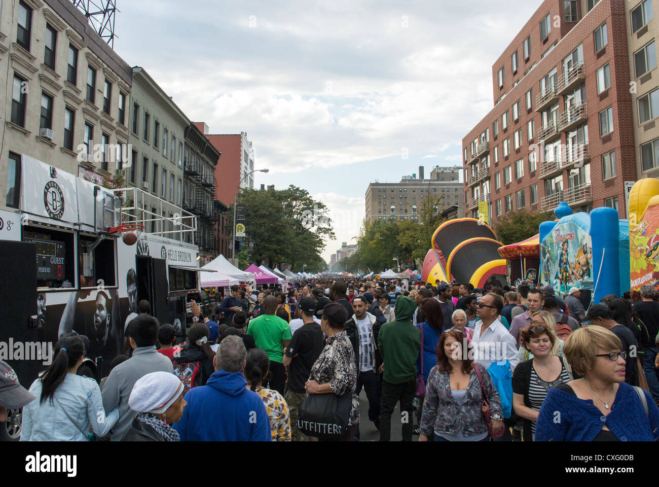 New York City, USA, people urban public enjoying the Brooklyn Street Festival, 'Atlantic Antic', Crowd Scene, Flea Market Stock Photo