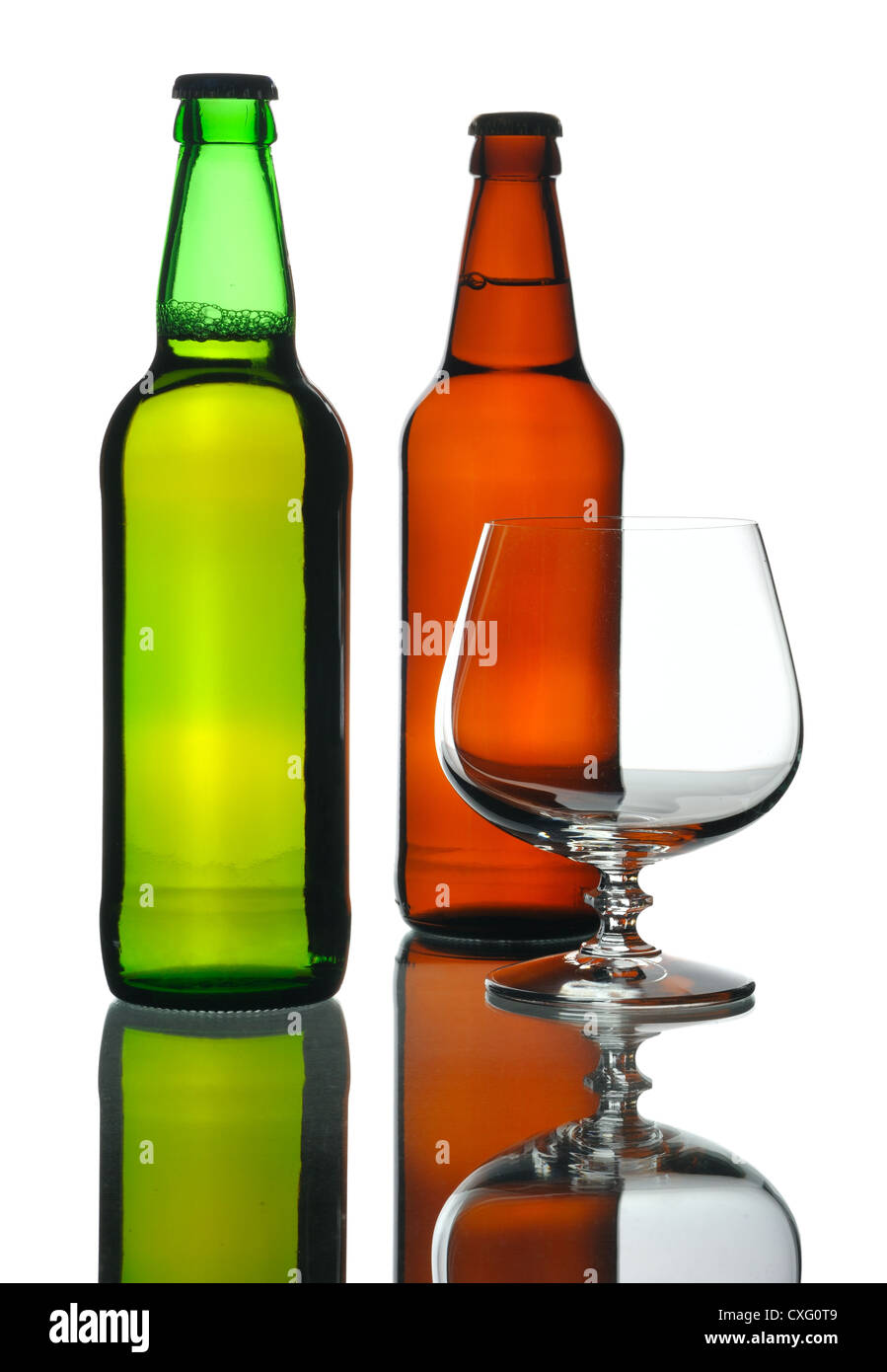 Two bottles of beer and glass, isolated on a white background Stock