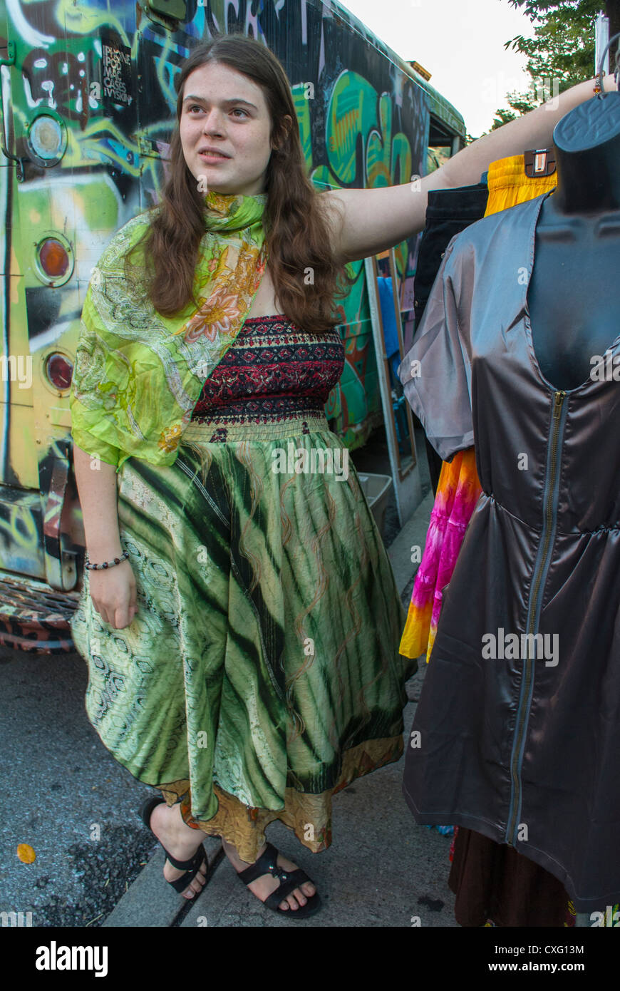 New York City, NY, USA, People enjoying the Brooklyn Street Festival, "Atlantic Antic", Female Fashion Designer in Original Dress, Flea market Stock Photo