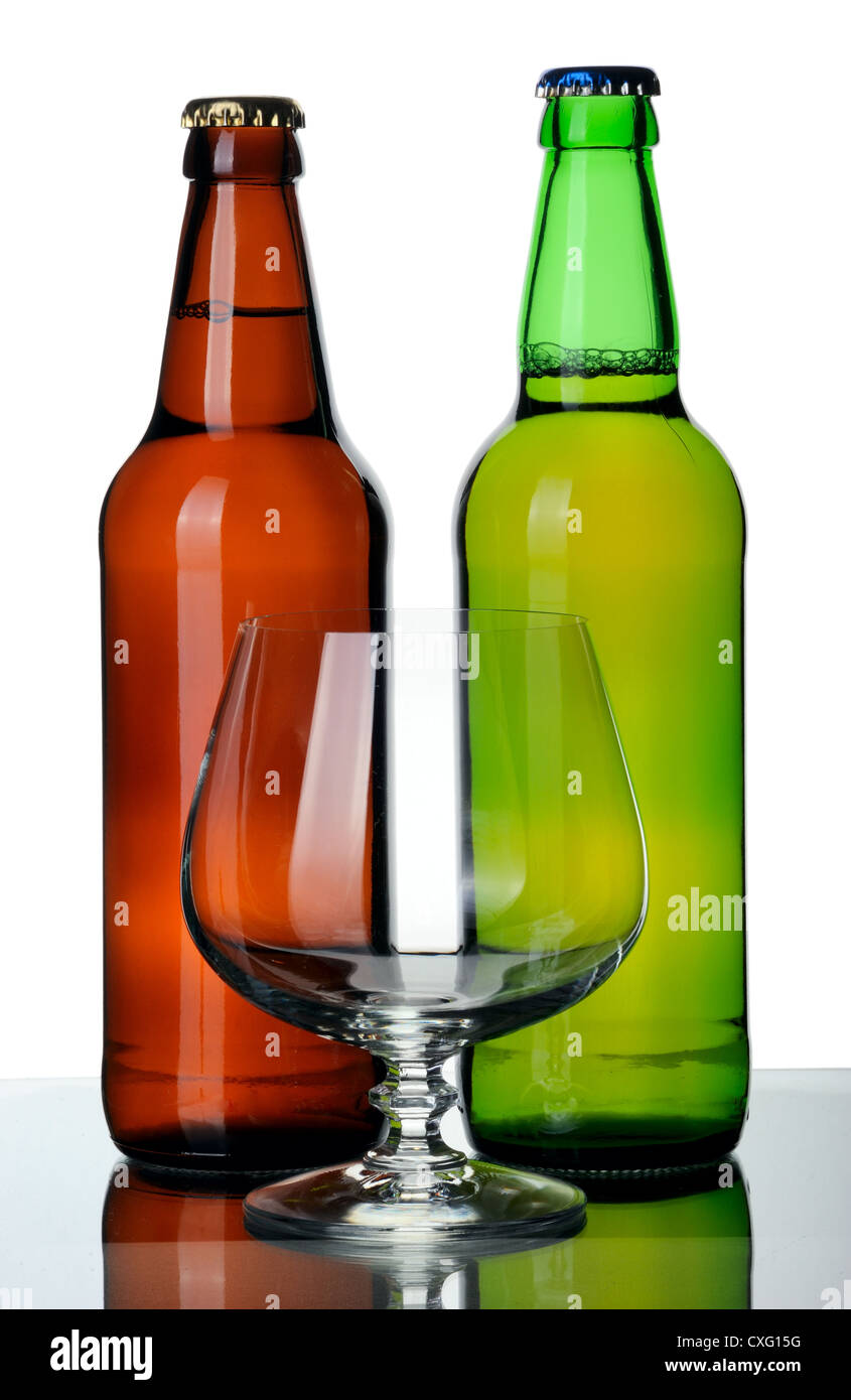 Two bottles of beer and glass, isolated on a white background Stock