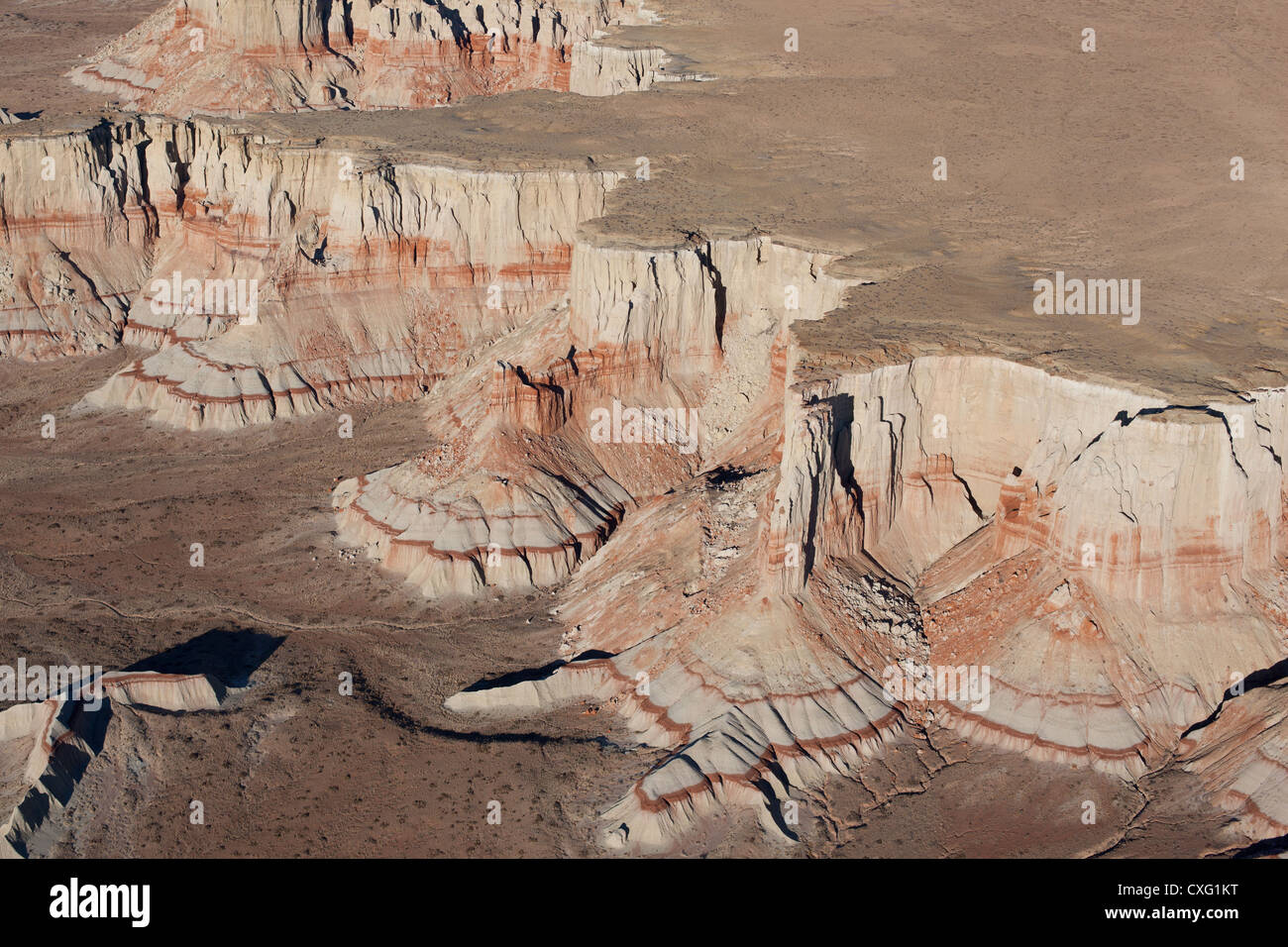 AERIAL VIEW. Towering cliffs carved in the Moenkopi Plateau. Coal Mine Canyon, Navajo and Hopi Lands, Coconino County, Arizona, USA. Stock Photo