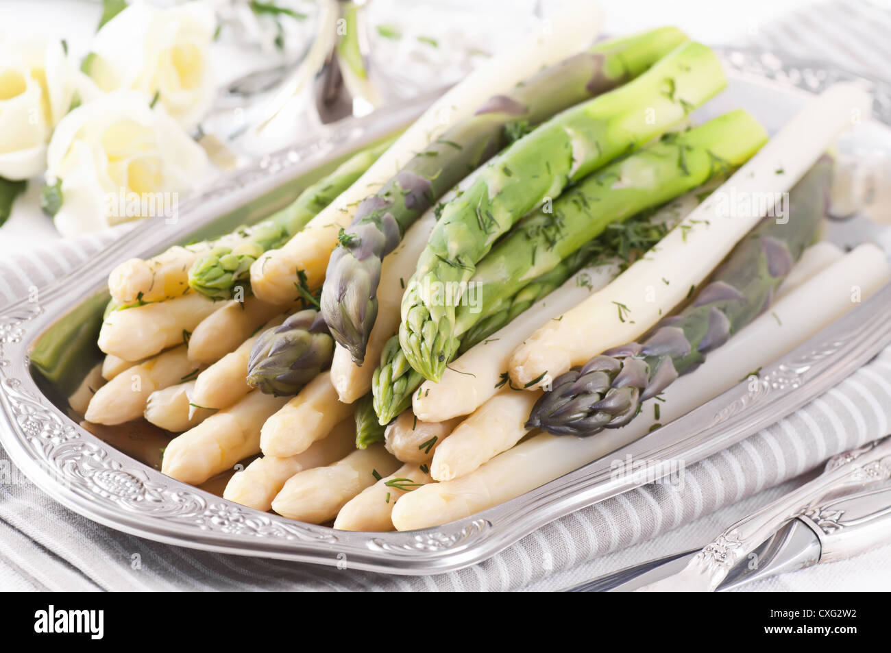 Asparagus on silver tray Stock Photo