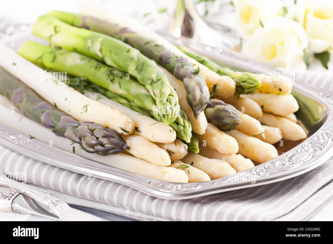 Asparagus on silver tray Stock Photo