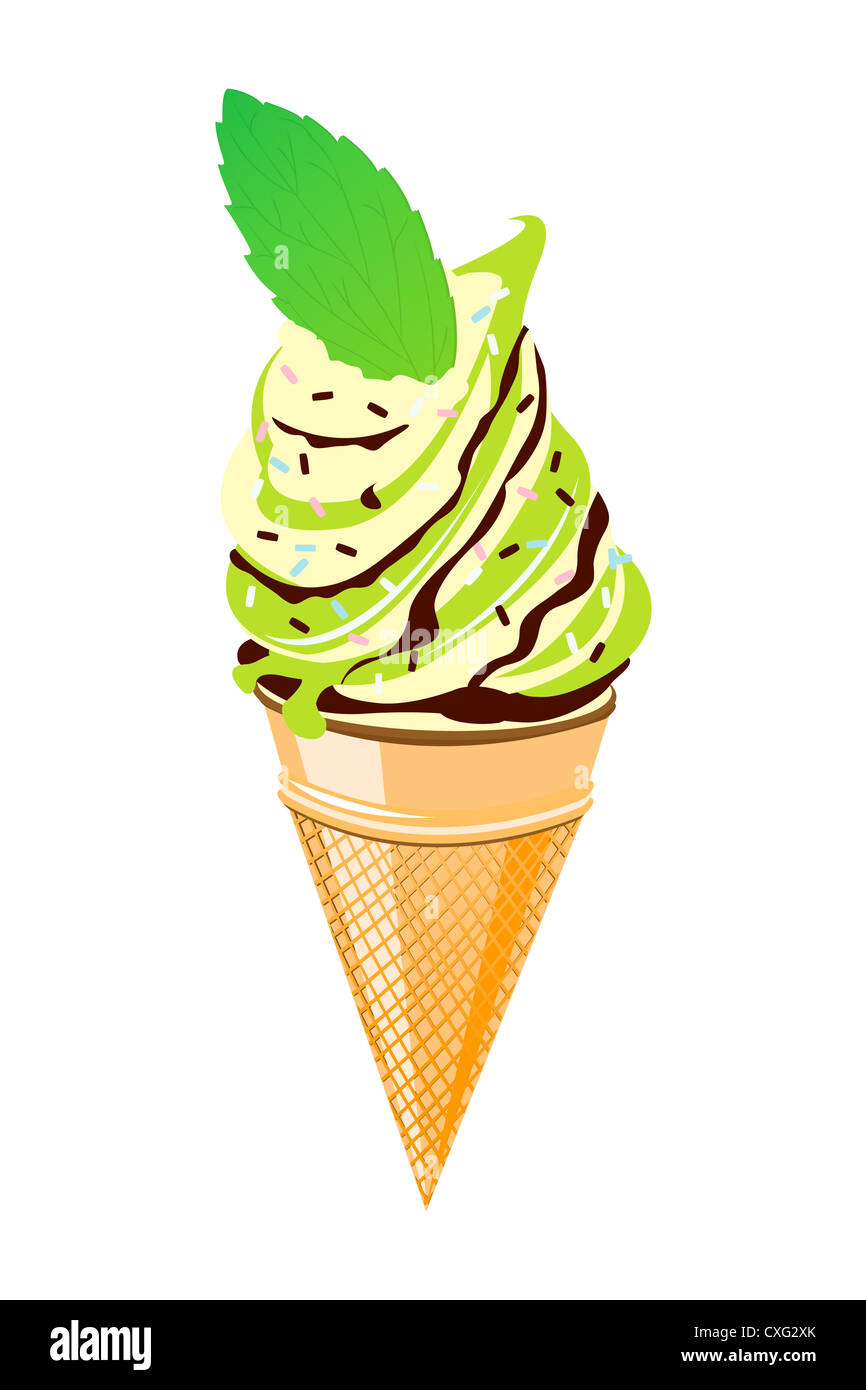 Ice cream cone with mint and chocolate flavor over white Stock Photo