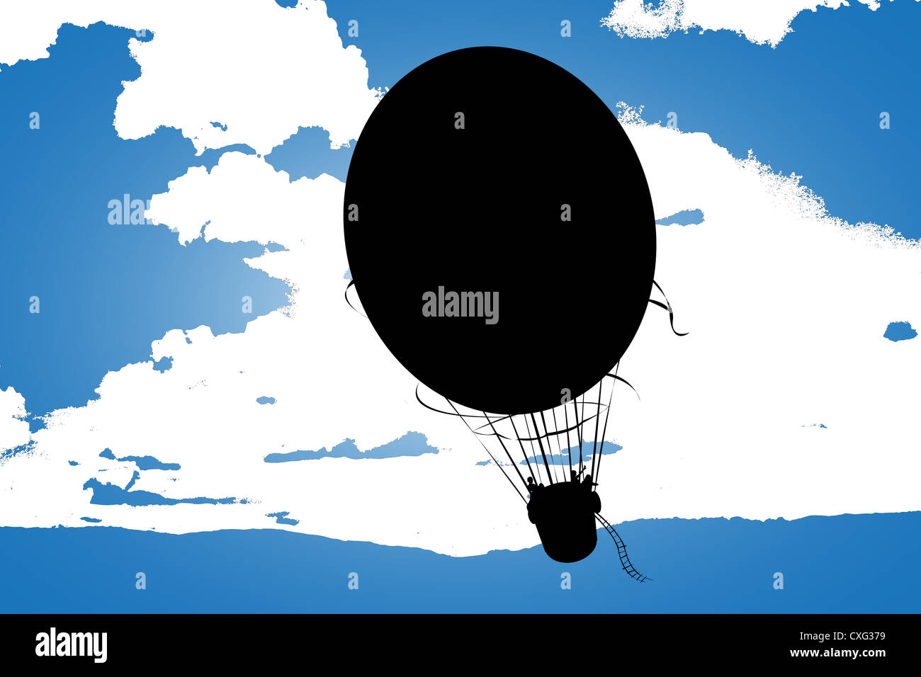 Background illustration with a flying hot air balloon over a cloudy sky ...