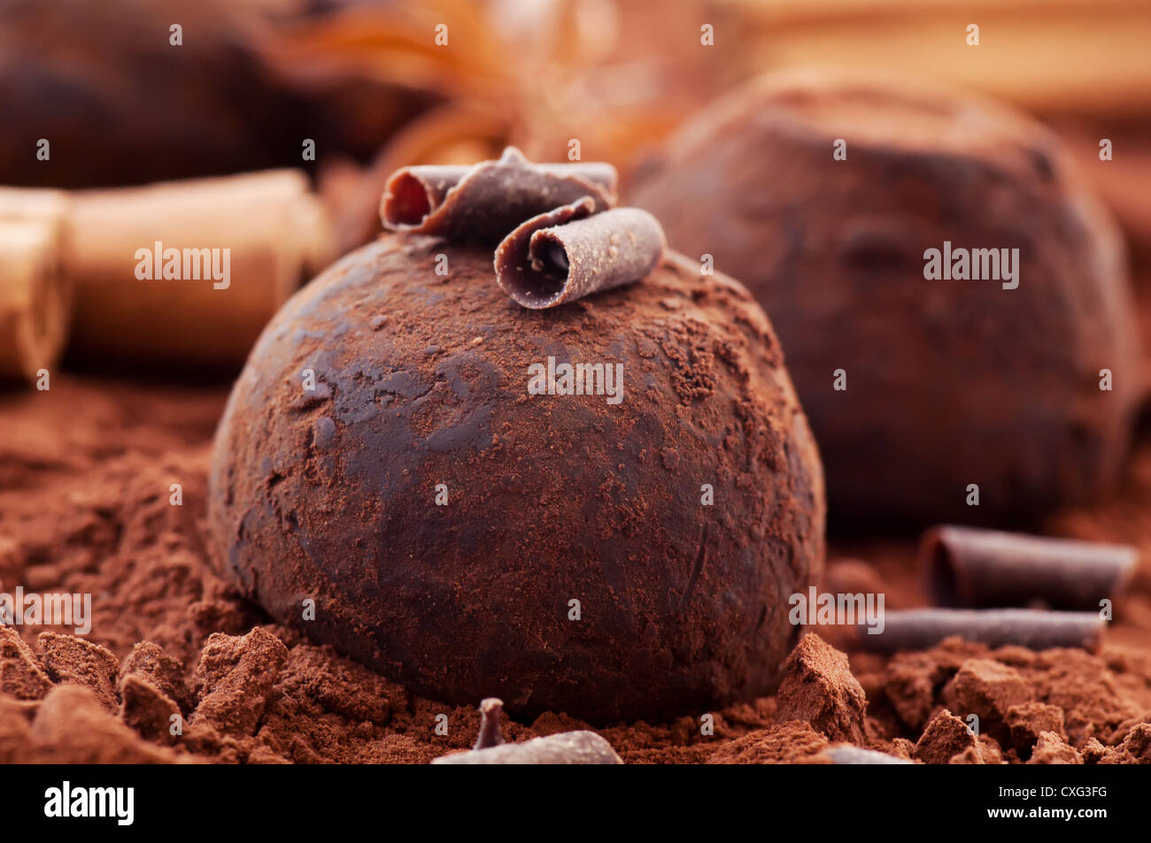 Sweet chocolate truffle with cinnamon stick as closeup on cocoa powder background Stock Photo