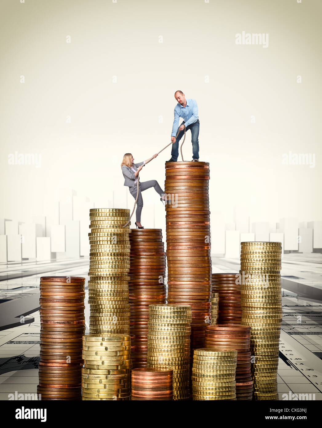 man and woman on euro coin pile Stock Photo