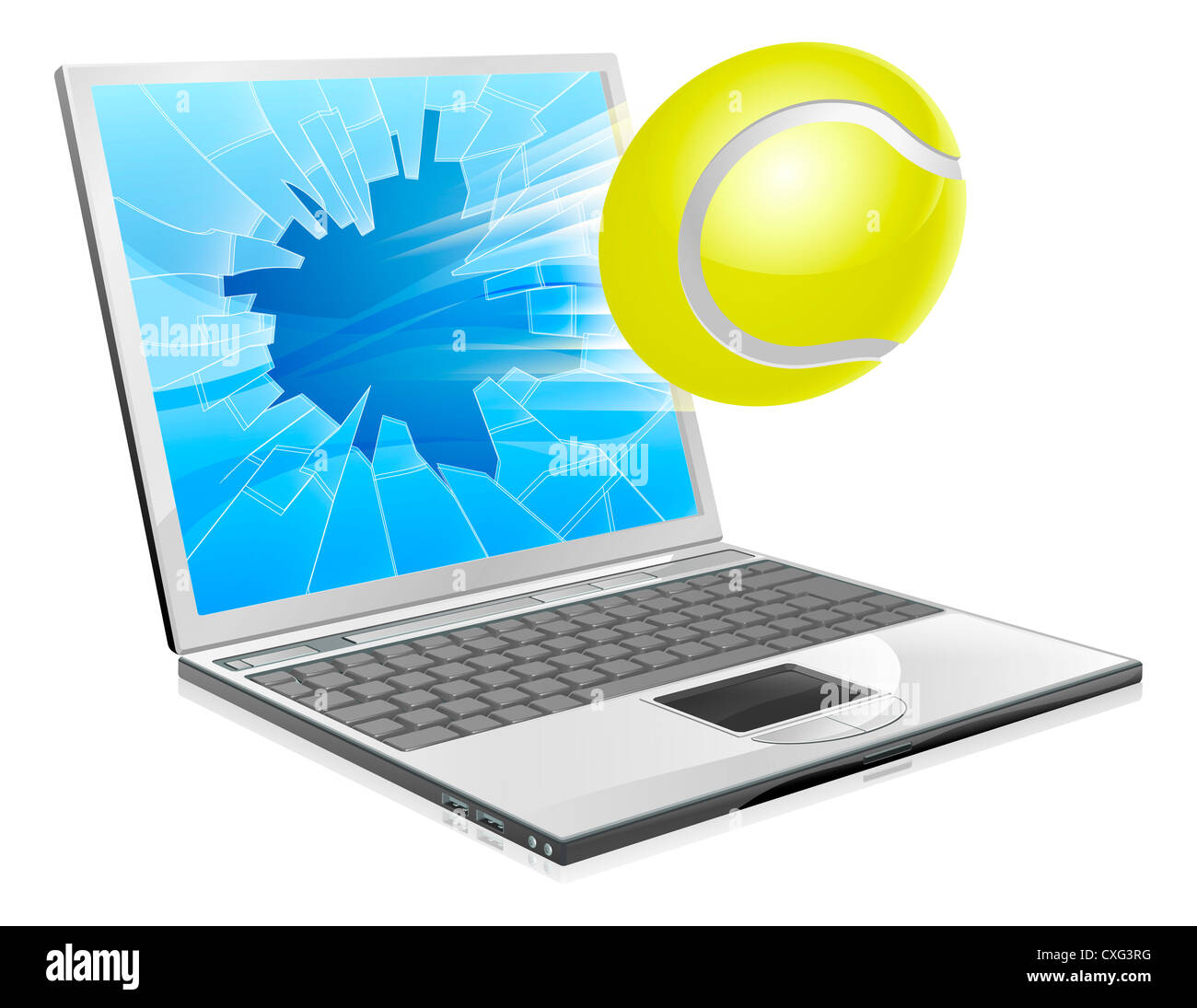 Illustration of a tennis ball flying out of a broken laptop computer screen Stock Photo