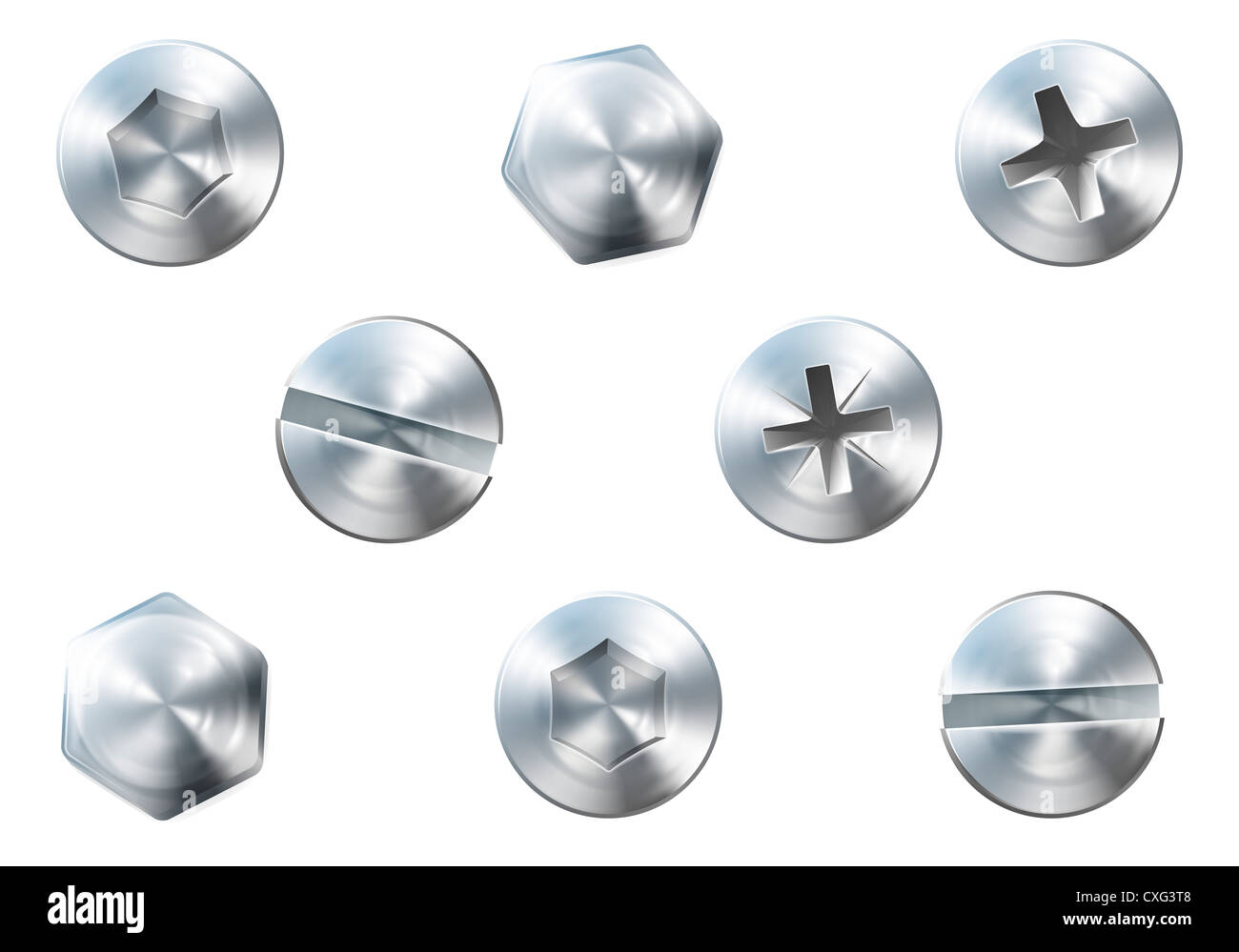 A set of metal shiny screws and bolts for use in your designs Stock