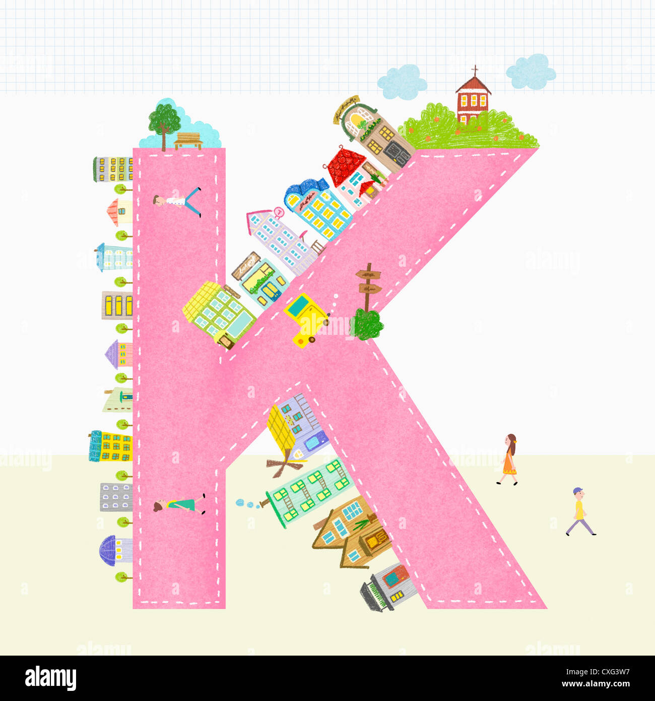 A illustration of a town on letter K Stock Photo - Alamy
