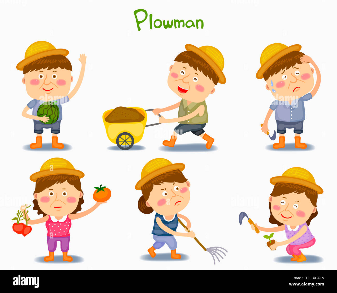 A illustration of plowman in different position and emotions Stock