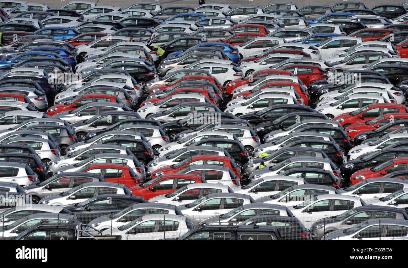 New cars on the dockside at Southampton England Stock Photo