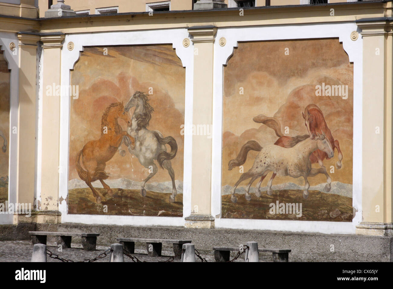 The Horse Wash ? Pferdeschwemme,beautifully painted horse fresco's in the old town Salzburg,Austria,also a lovely horse statue Stock Photo