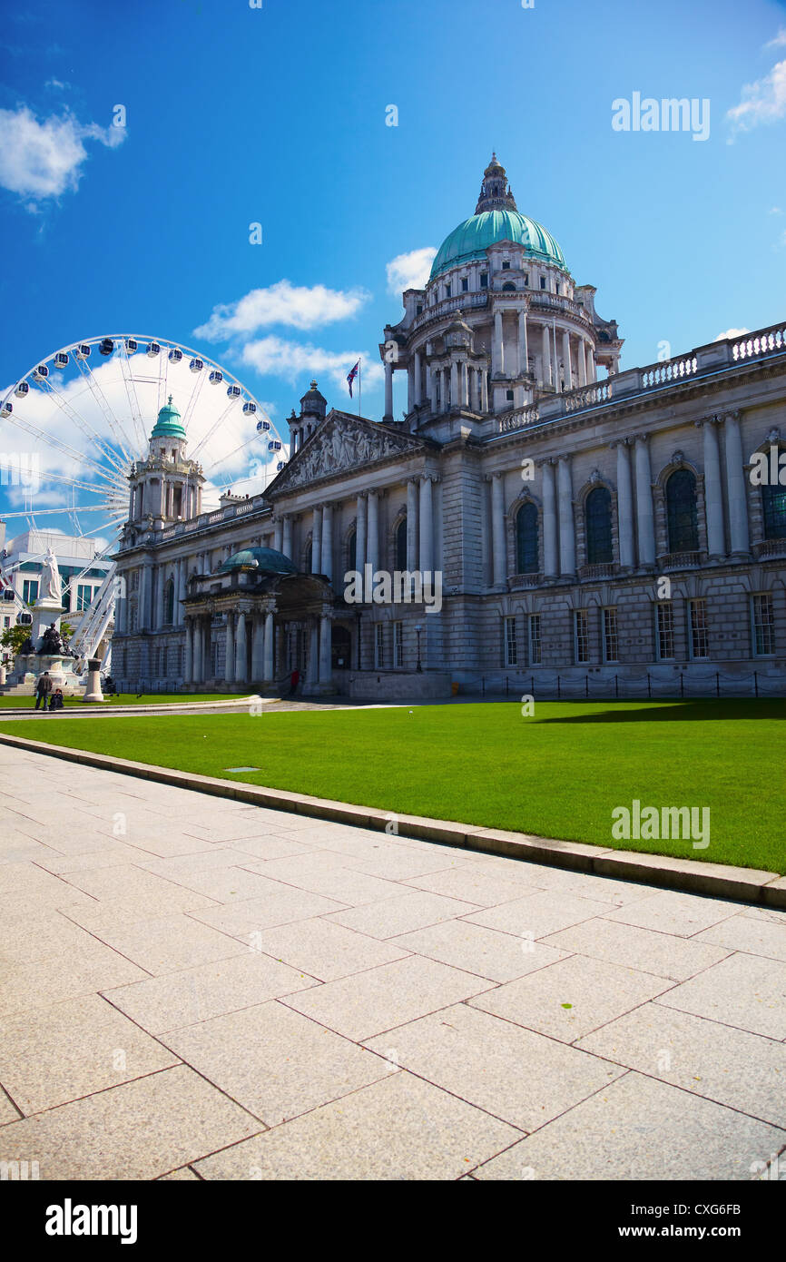 Belfast City Hall and Ferris wheel Stock Photo
