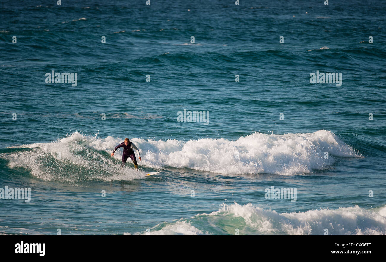 Surfing UK.  A surfer at Sennen in Cornwall Stock Photo