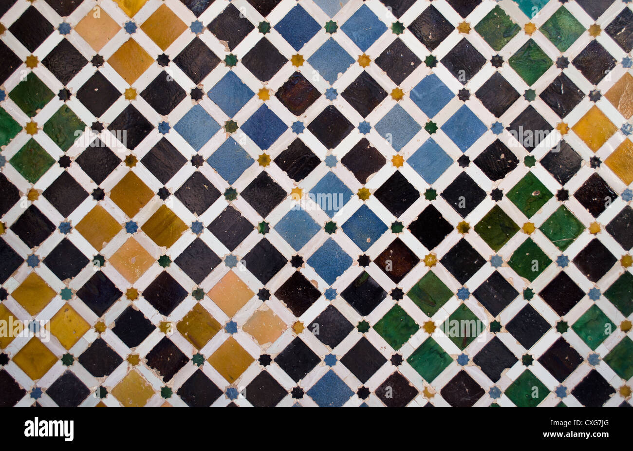Pattern or texture of ceramic tiles mosaic found in the Alhambra, in Spain Stock Photo