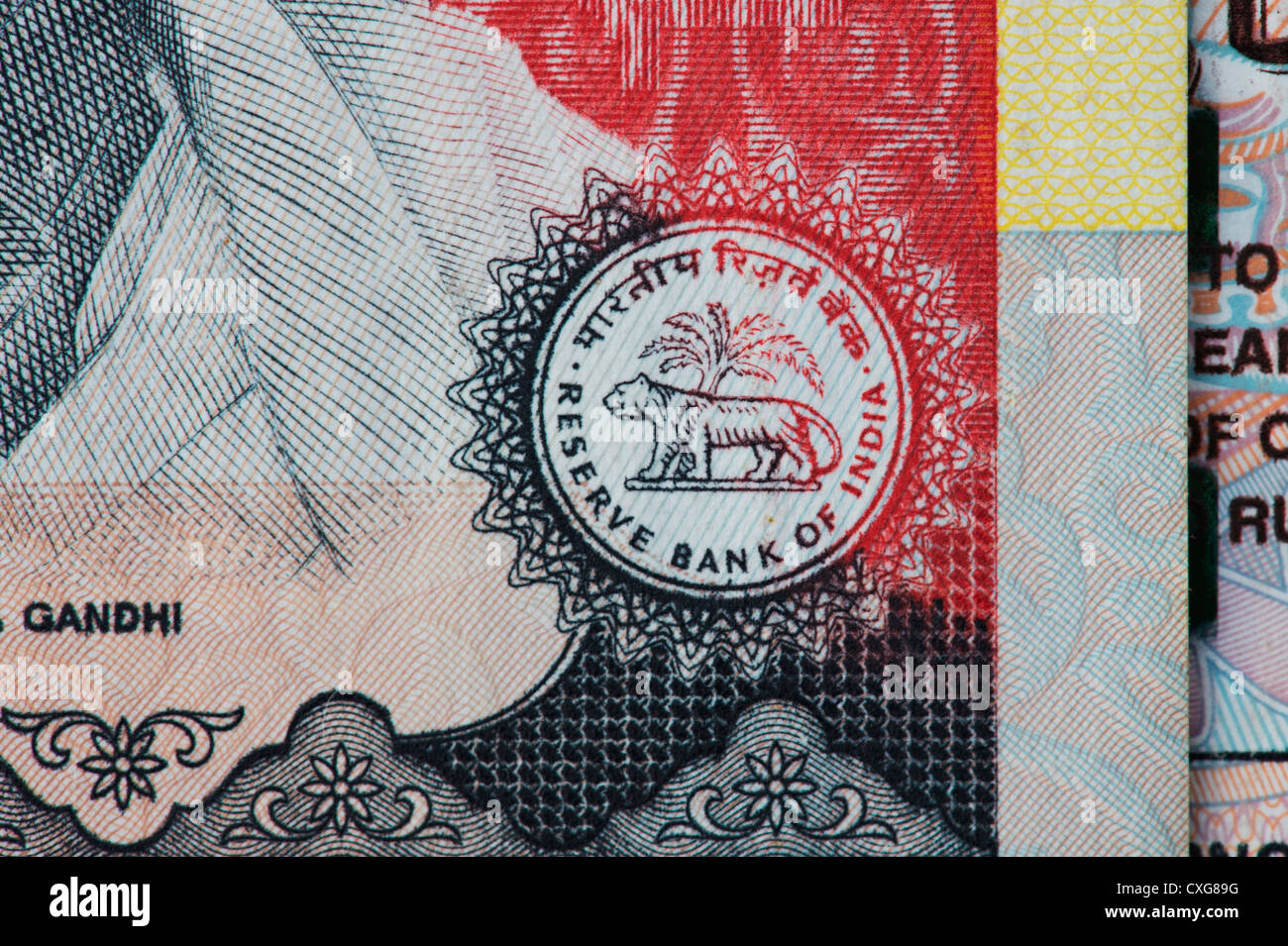 Reserve bank of india seal on an Indian thousand rupee notes Stock Photo