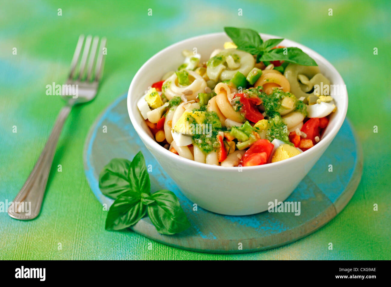 Pasta salad with sunflower seeds pesto. Recipe available Stock Photo