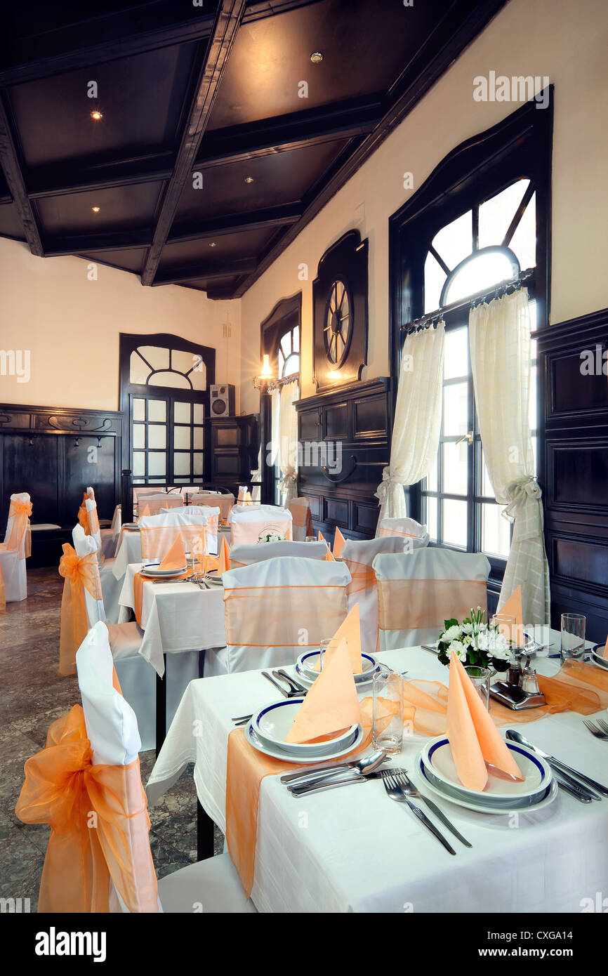 Interior of a restaurant prepared for party or wedding ceremony Stock ...