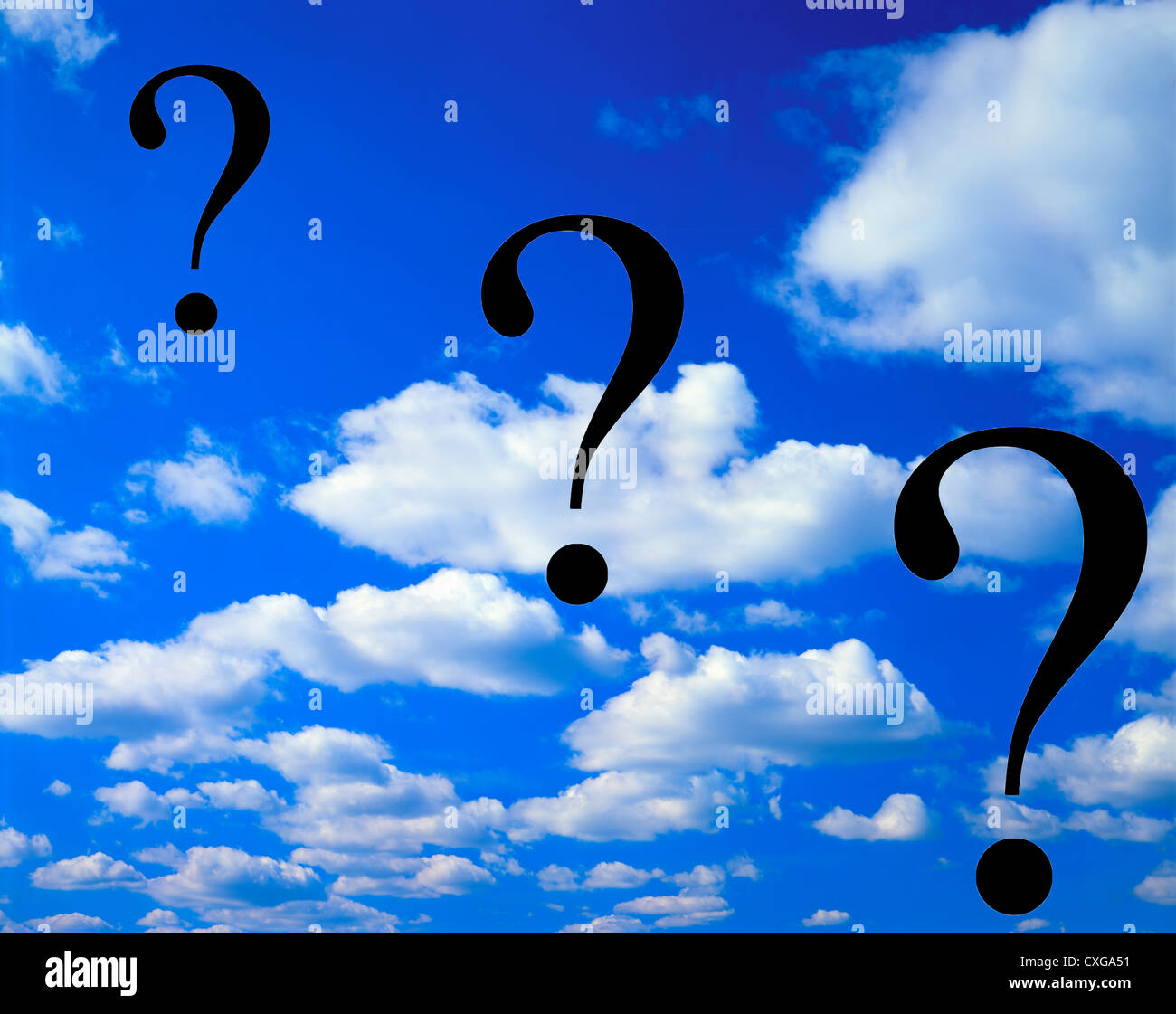 concept of blue sky and white clouds with 3 question marks Stock Photo