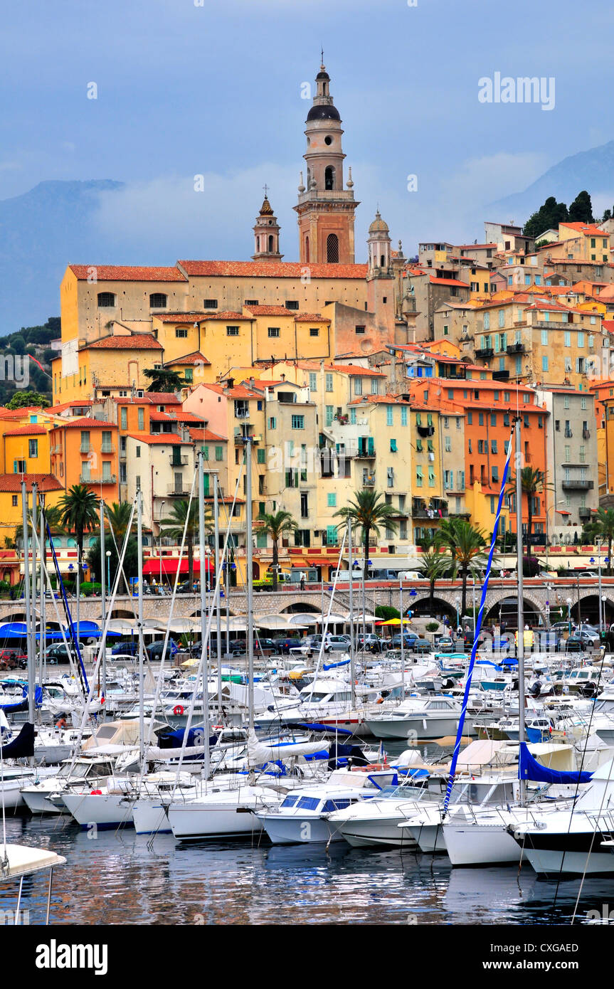 Port of Menton in France with the baroque Basilica of Saint Michel ...