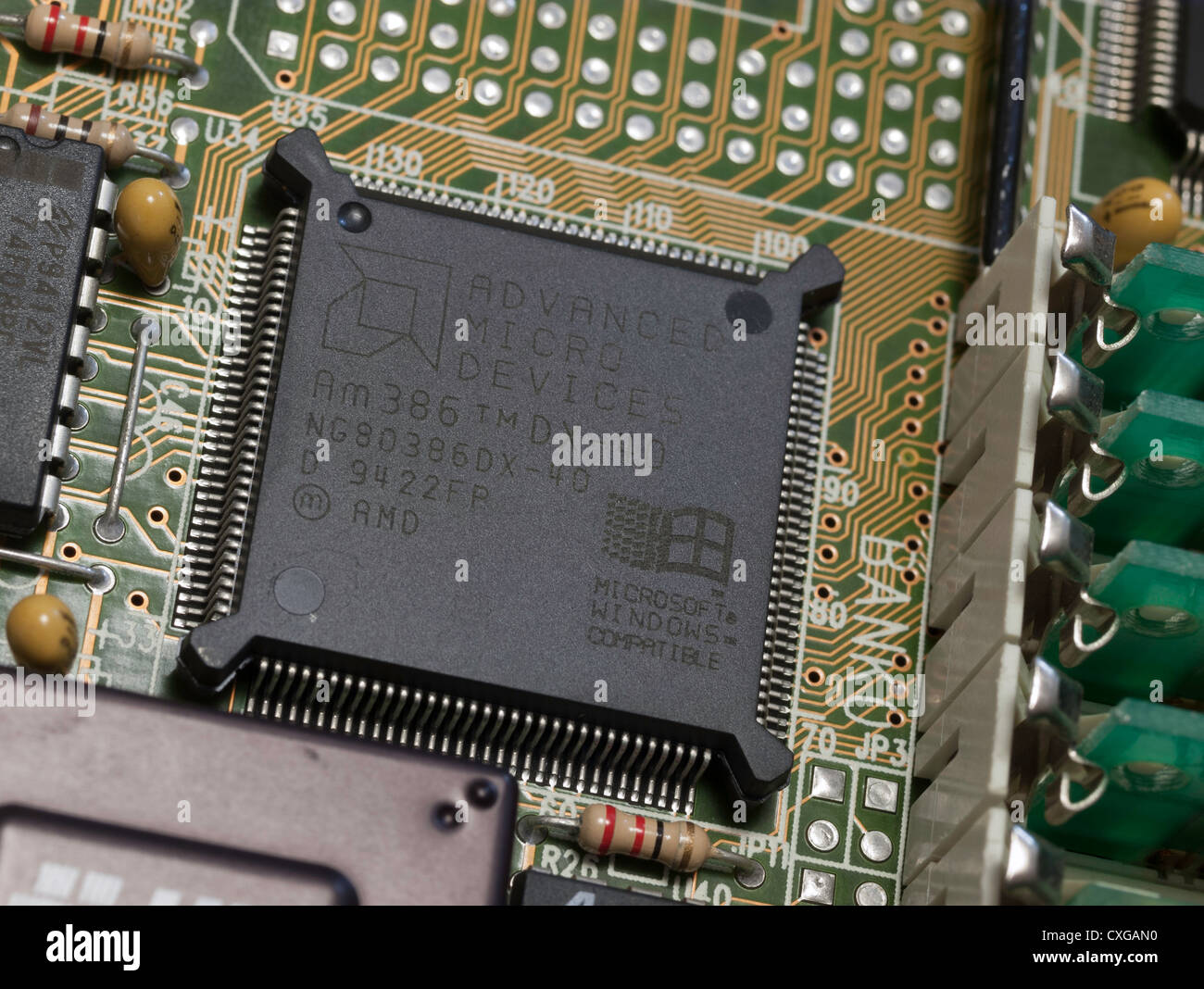 Detail from an AMD 386 computer motherboard Stock Photo