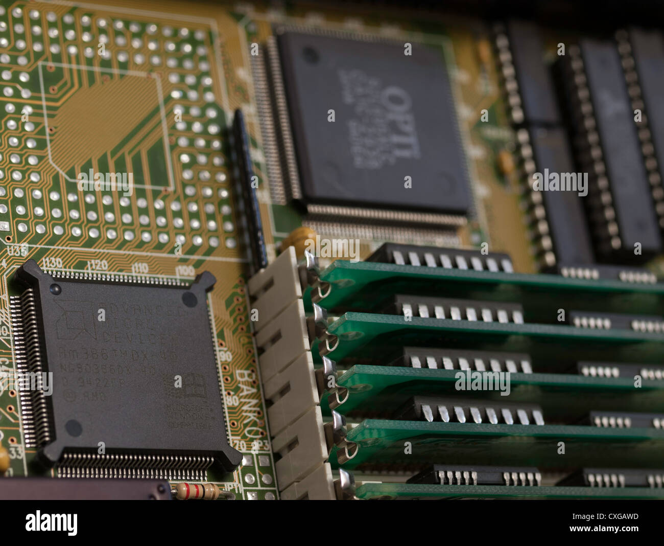 Detail from an AMD 386 computer motherboard Stock Photo