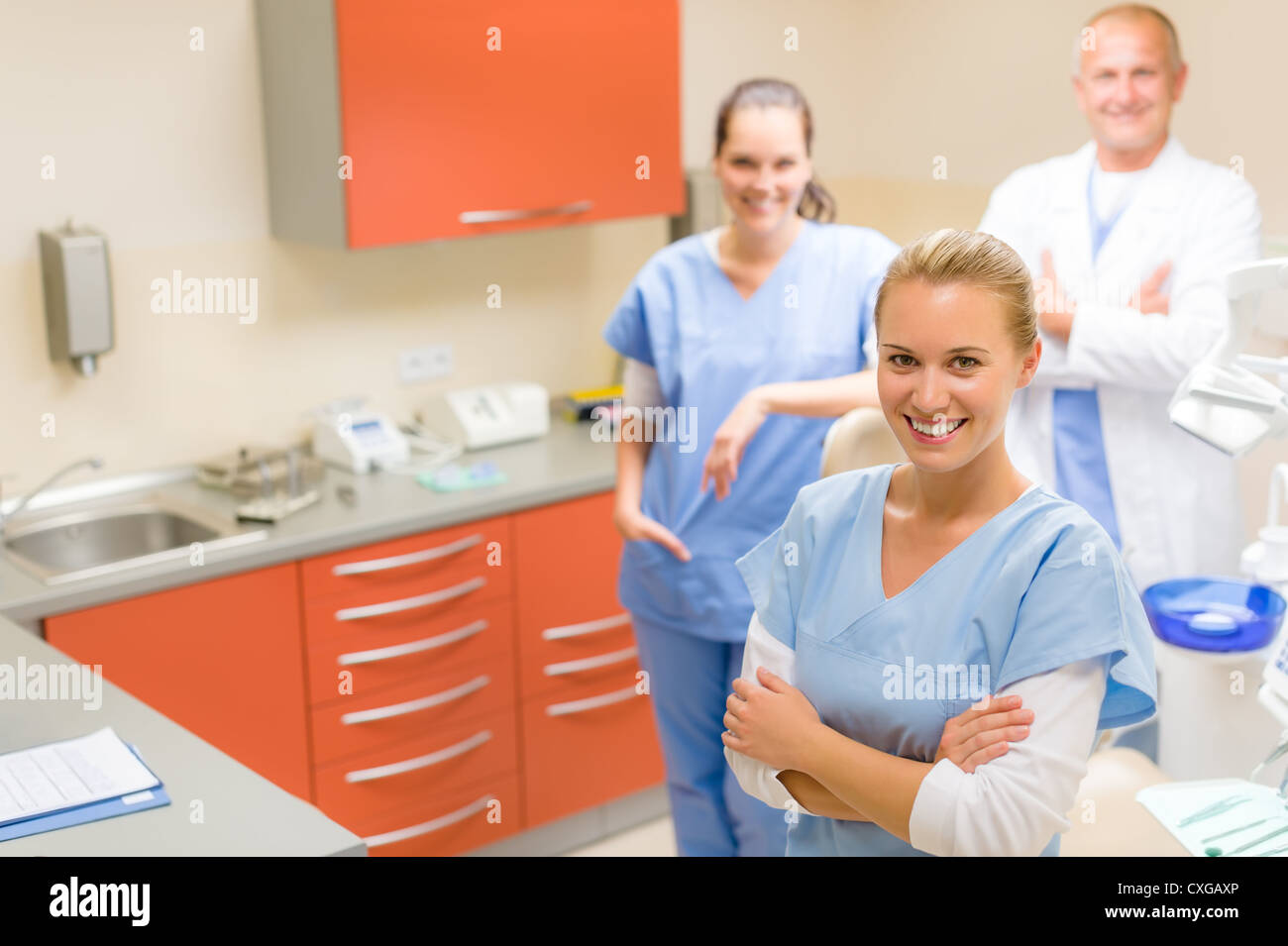 Team of dentist and nurses posing at dental surgery Stock Photo Alamy