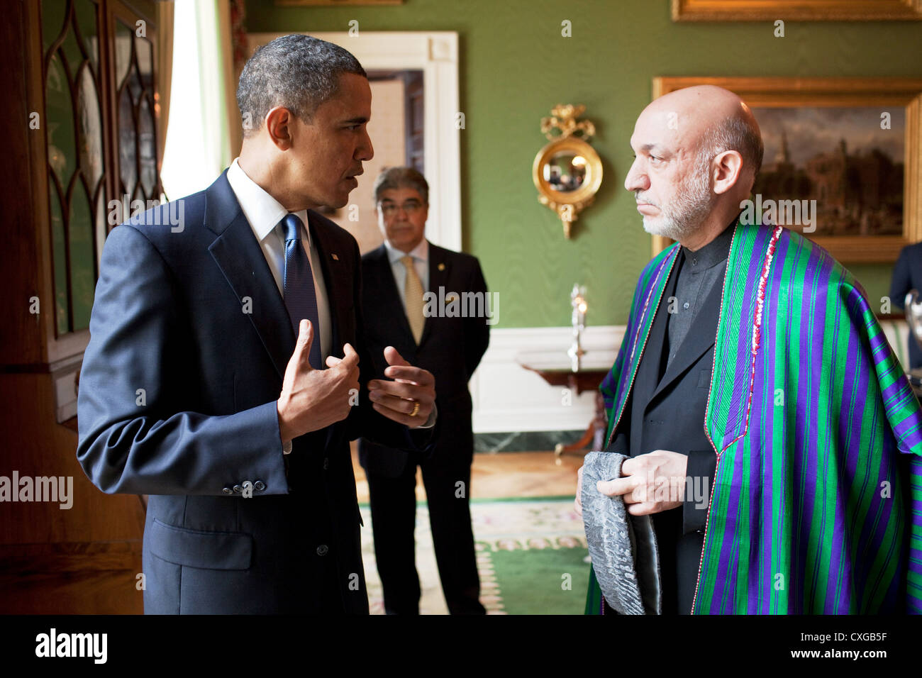 US President Barack Obama with President Hamid Karzai of Afghanistan at the White House May 12, 2010 in Washington, DC. Stock Photo