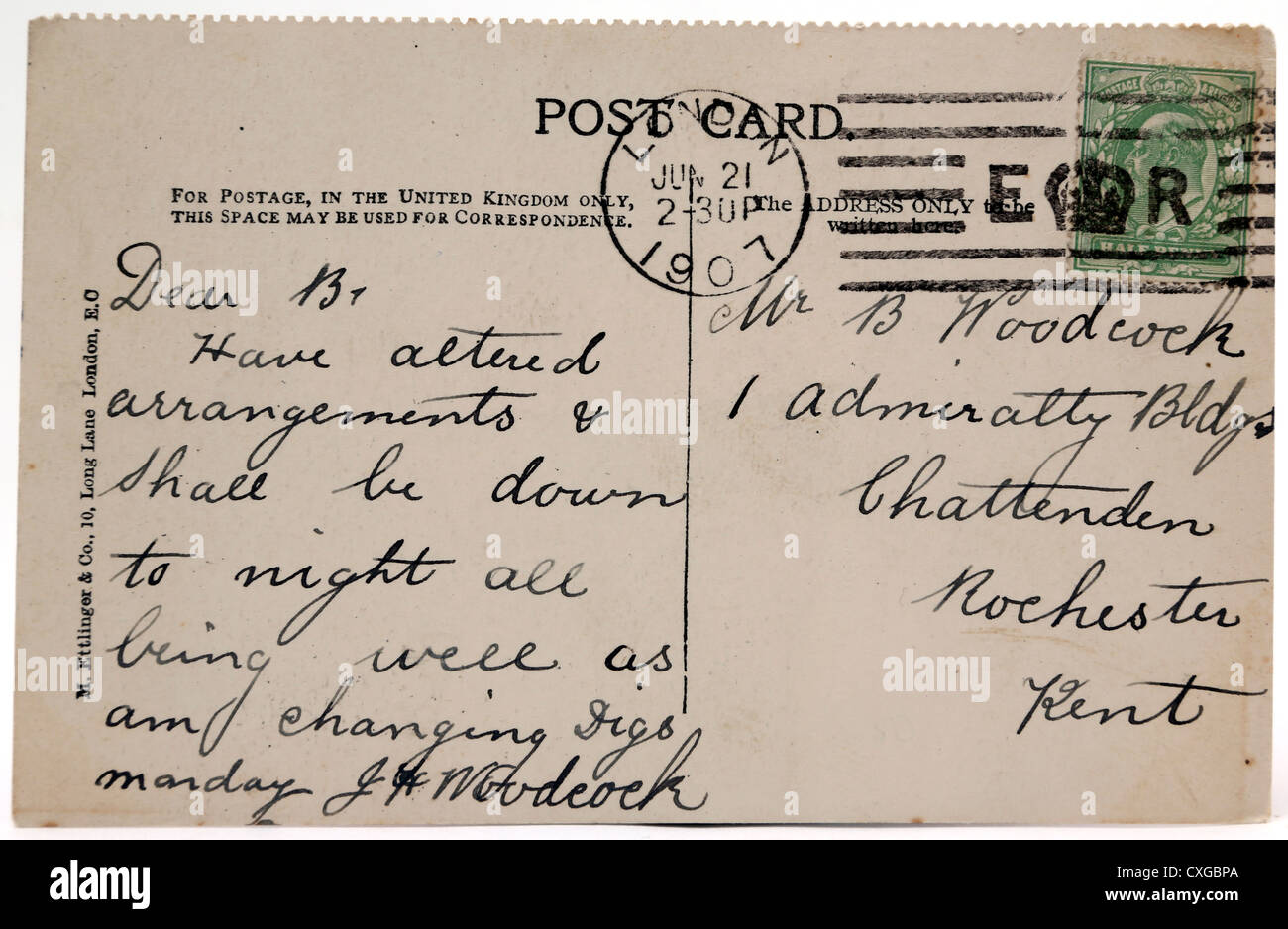 Old Postcard Written And Sent In 1907 With Half Penny Stamp Stock Photo