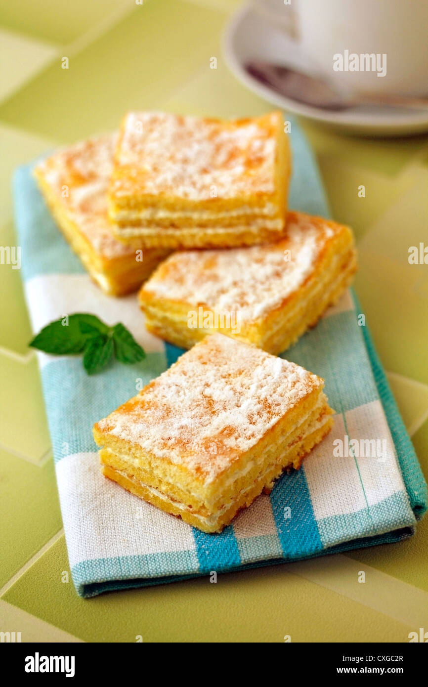 Sponge cake with cream. Recipe available. Stock Photo
