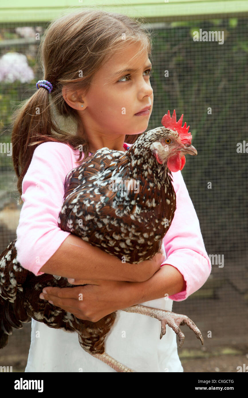 A six year old girl is holding a pet chicken. Stock Photo