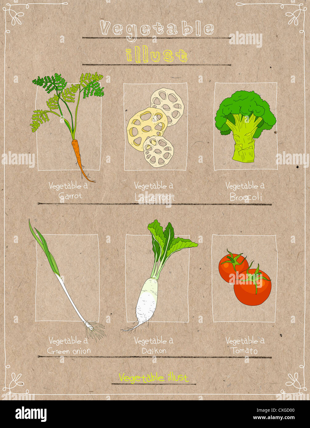 vegetable illustrations in brown background Stock Photo - Alamy
