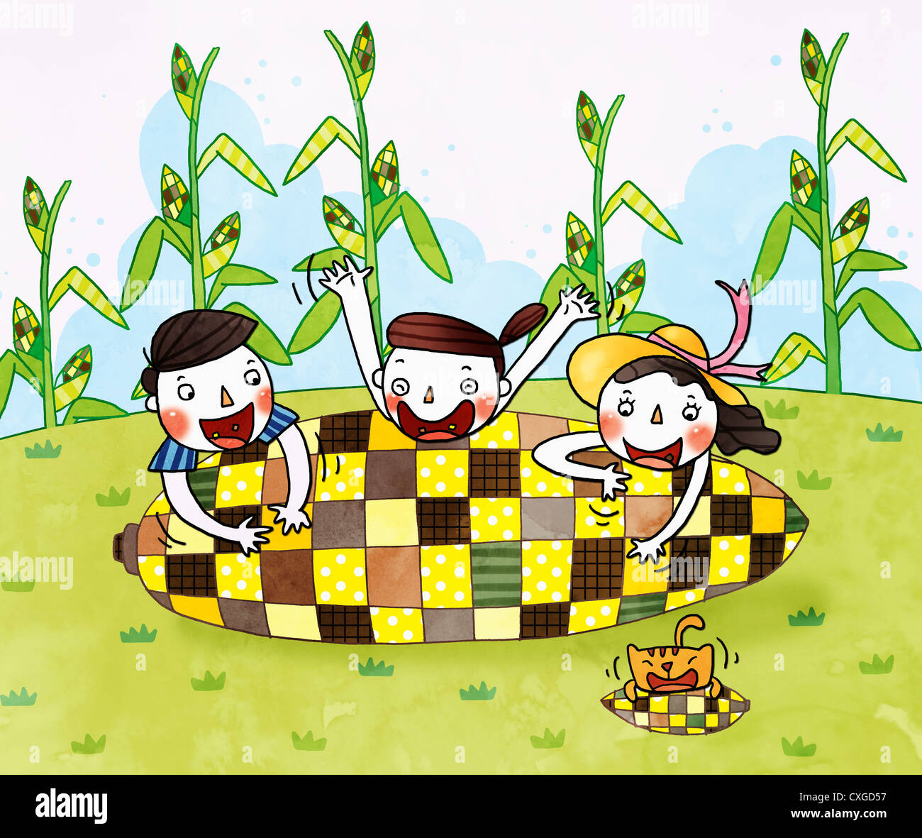 illustration of people inside a corn Stock Photo - Alamy