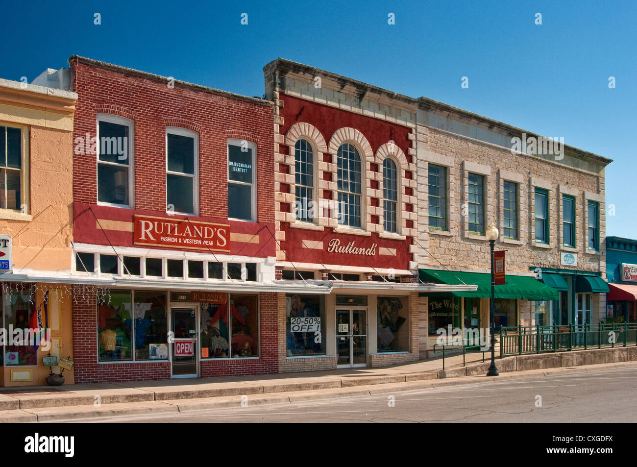Shops in historic buildings at East 3rd Street in center of Lampasas