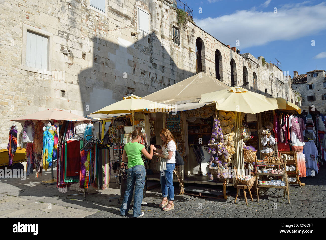Craft stalls outside Old Town city walls, Split, Split-Dalmatia County, Croatia Stock Photo