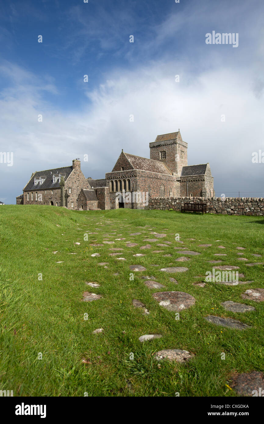 Isle of Iona, Scotland. Picturesque view of Iona Abbey with The Street