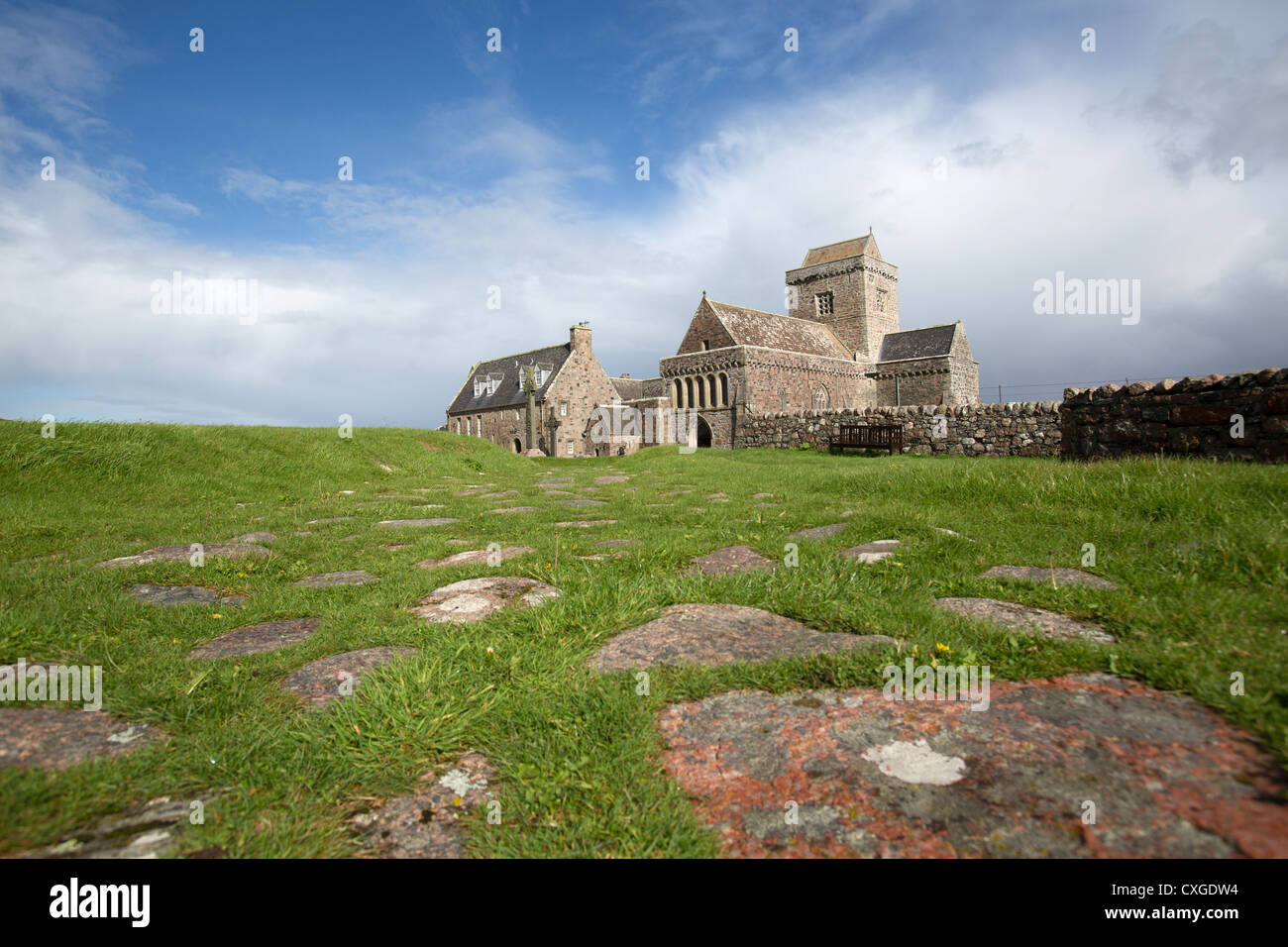 Isle of Iona, Scotland. Picturesque view of Iona Abbey with The Street