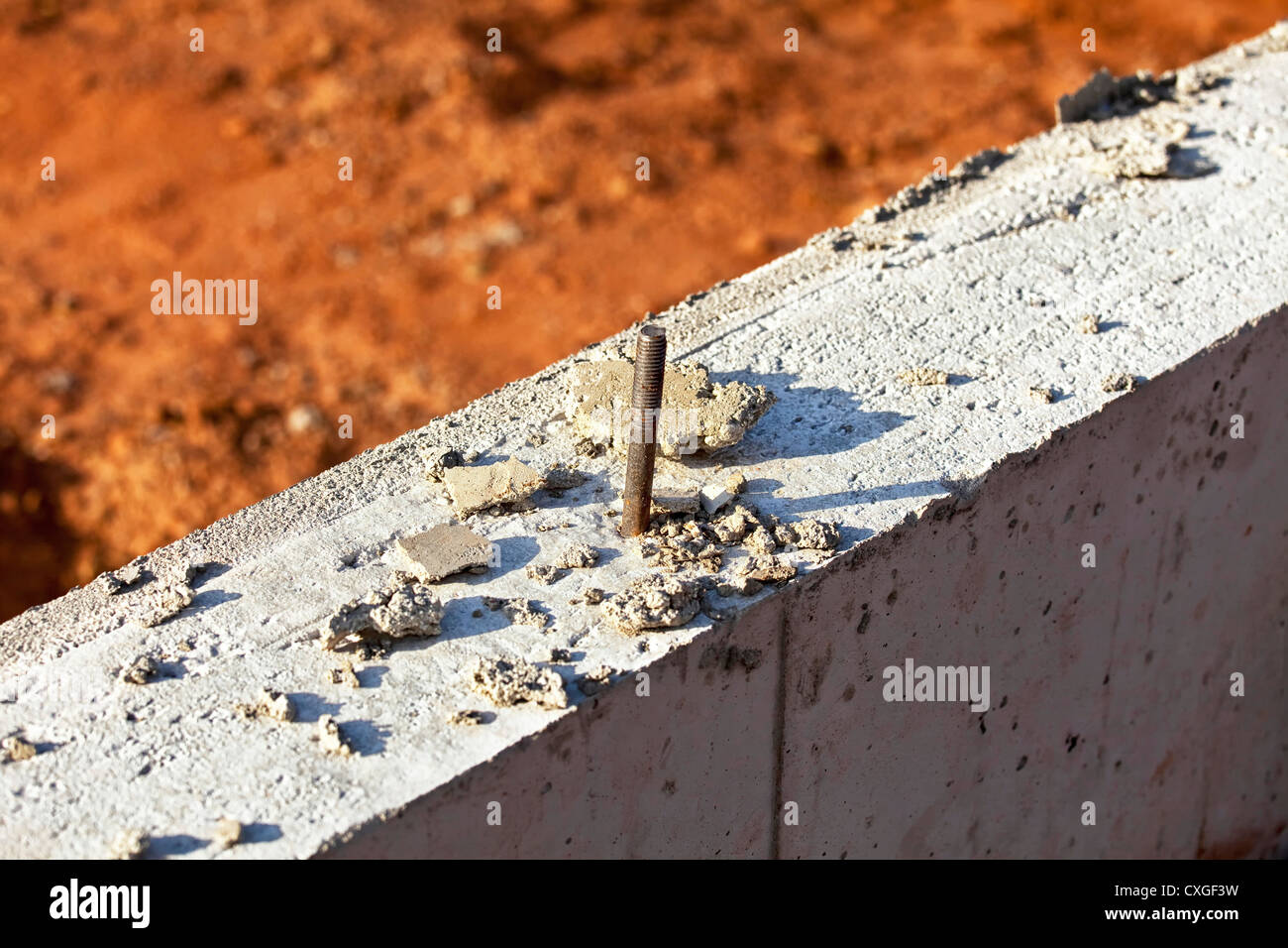 Rebar used in reinforcing a concrete foundation. Stock Photo
