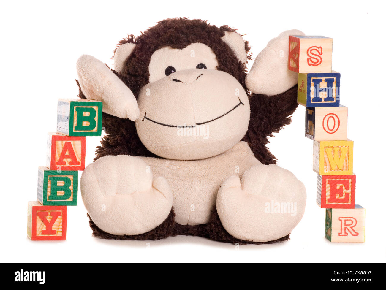 Baby shower with soft toy monkey studio cutout Stock Photo